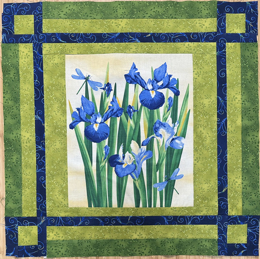 20 inches by 20 inches pieced fabric. Center panel of irises with dragonflies in blues, purples, greens, and yellows. Green and blue borders with squares at each corner.